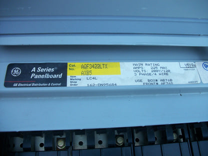 GE A SERIES PANELBOARD AQF3422LTXAXB5 225AMP 208Y/120VOLT 3PH W/200AMP L.C.