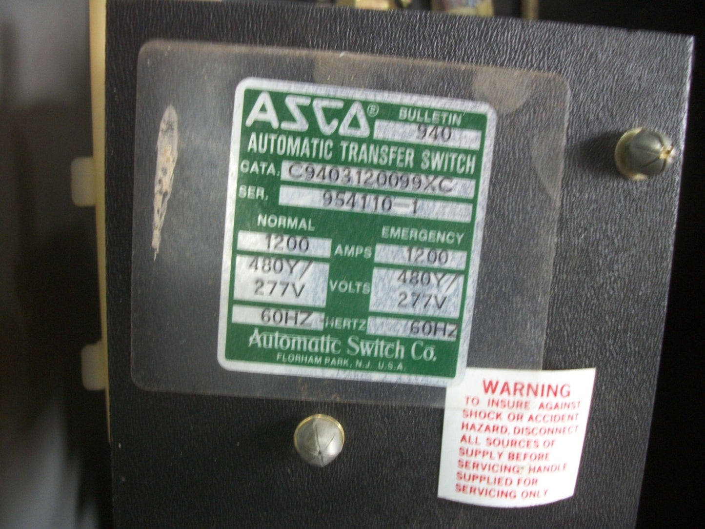 ASCO AUTOMATIC TRANSFER SWITCH CABINET C9403120099XC 1200AMP 480Y/277VOLT