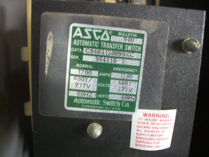 ASCO AUTOMATIC TRANSFER SWITCH CABINET C9403120099XC 1200AMP 480Y/277VOLT