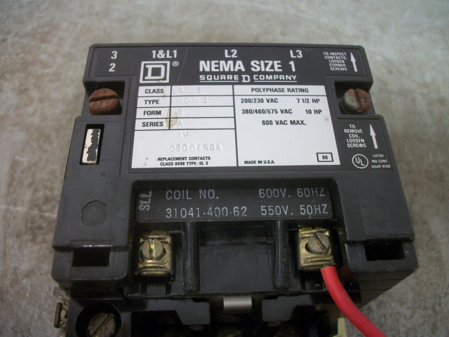 SQUARE D SIZE 1 MOTOR STARTER 8536SCO3 600VCOIL 3PH 600V 10HP NOB