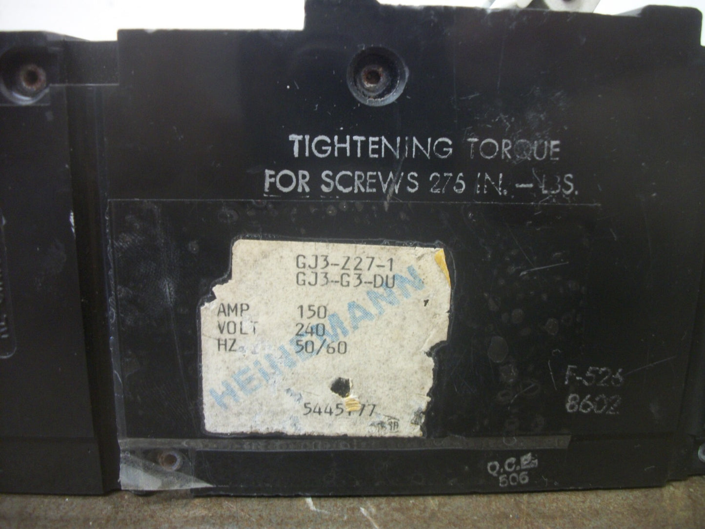 HEINEMANN CIRCUIT BREAKER GJ3-Z27-1 GJ3-G3-DU 150AMP 240VOLT 3POLE