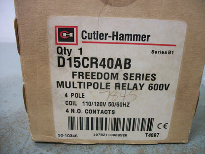 CUTLER-HAMMER FREEDOM SERIES MULTIPOLE RELAY D15CR40AB 120VCOIL 4POLE CHIP NIB