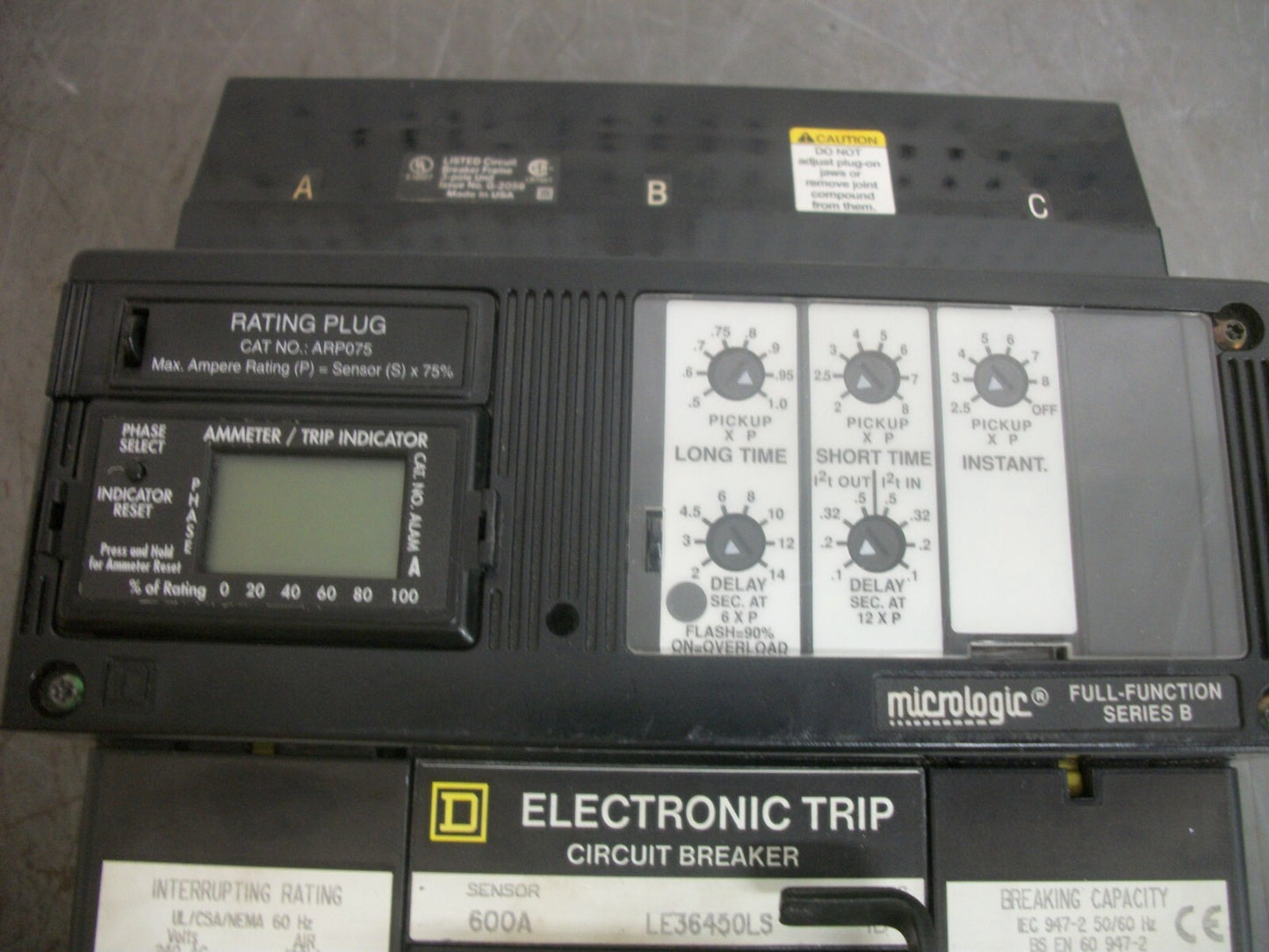 SQUARE D ELECTRONIC TRIP CIRCUIT BREAKER LE36450LS 600AMP 600VOLT 3POLE W/UV&AUX