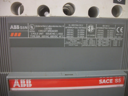ABB SACE S5 S5N CIRCUIT BREAKER 122135080-001 300AMP 600VOLT 3POLE W/SHUNT&AUX