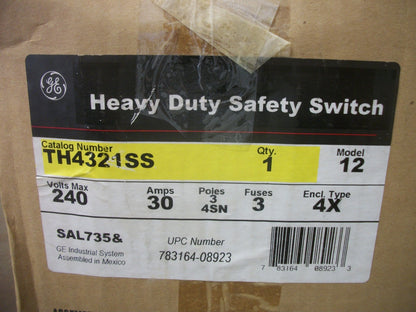 GE DISCONNECT SS TYPE 4X TH4321SS 30AMP 240VOLT 3POLE FUSIBLE NIB