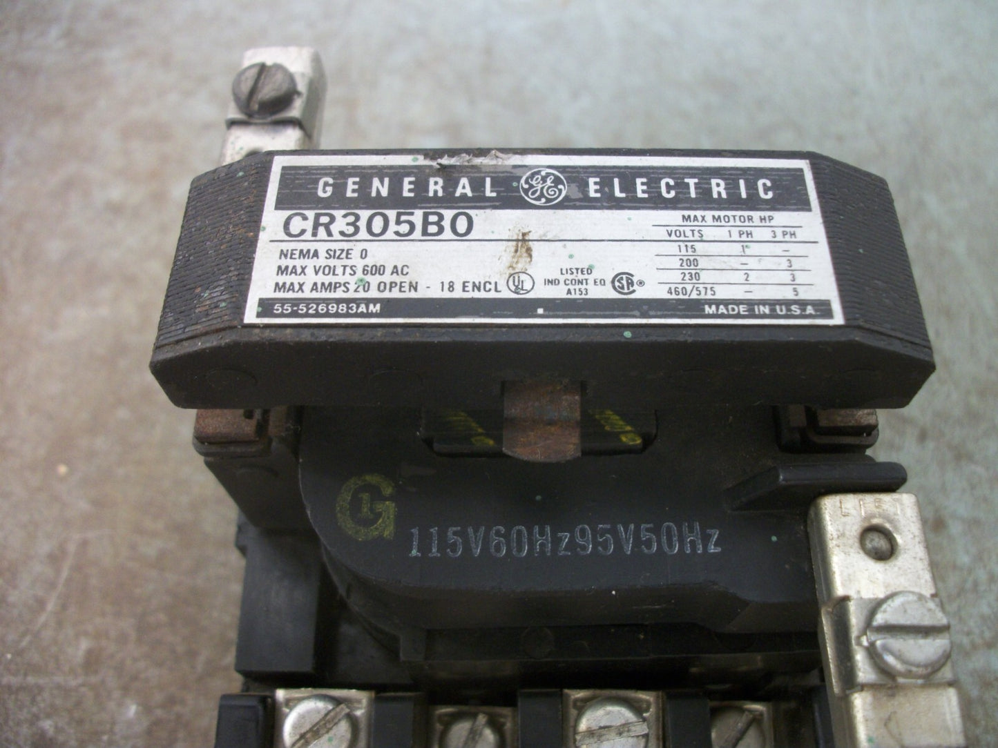 GE SIZE 0 CONTACTOR CR305B0 20AMP 115VCOIL 3PH 600V 5HP