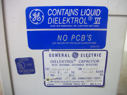 GE DIELEKTROL CAPACITOR W/ DISCHARGE RESISTORS 65L813TQ1 20KVAR 240VOLT 3PH NOB