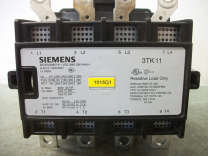 SIEMENS 3TK11 CONTACTOR 3TK1142-0AF0 200AMP 120VCOIL 3PH 600V 4POLE