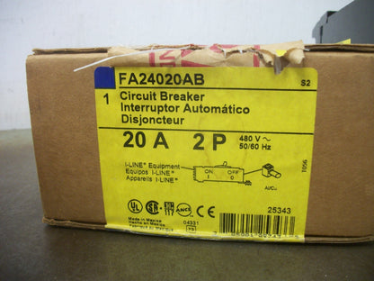 SQUARE D I-LINE FA CIRCUIT BREAKER FA24020AB 20AMP 480VOLT 2POLE GRAY NIB