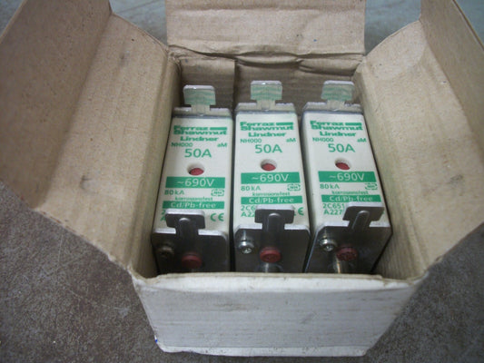 FERRAZ-SHAWMUT BOX OF 3 LINDNER FUSES NH000 50AMP 690VOLT NIB