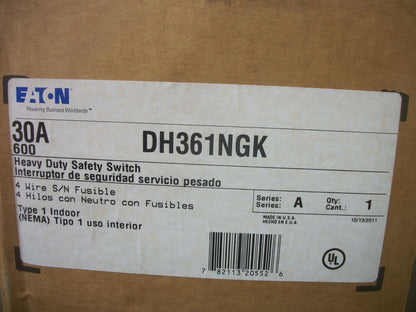 CUTLER-HAMMER DISCONNECT TYPE 1 DH361NGK 30AMP 600VOLT 3POLE FUSIBLE NIB