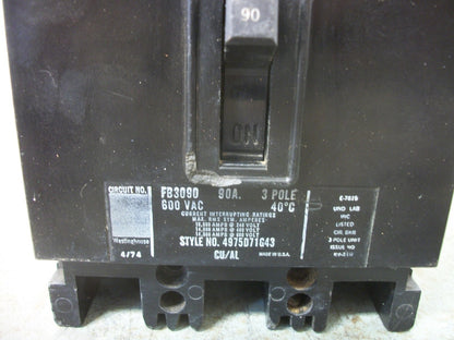 WESTINGHOUSE FB CIRCUIT BREAKER FB3090 90AMP 600VOLT 3POLE