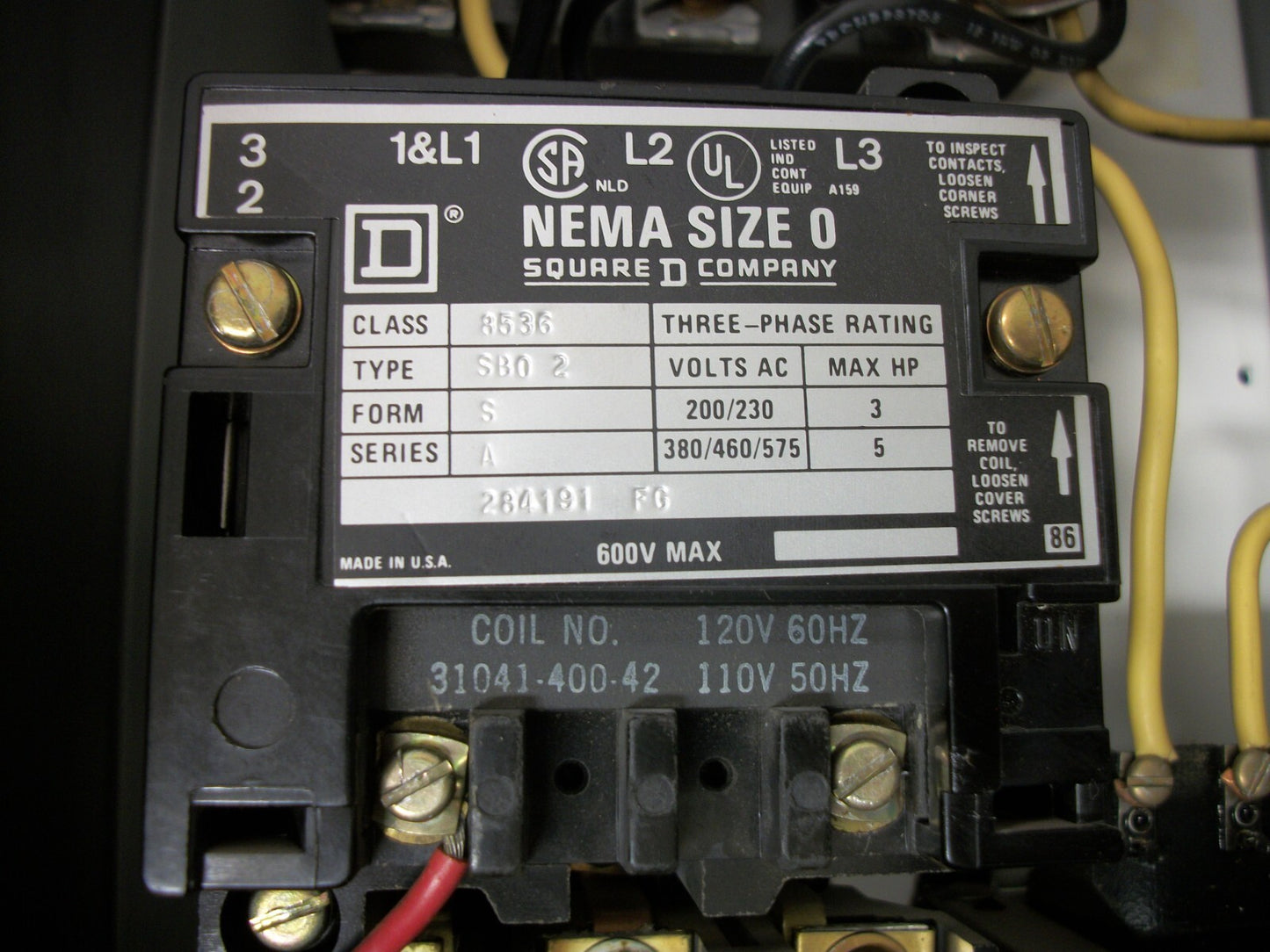 SQUARE D STARTER COMBO SIZE 0 TYPE 1 8536SBO2 120VCOIL 30AMP FUSIBLE