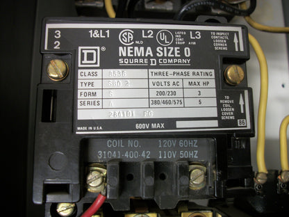 SQUARE D STARTER COMBO SIZE 0 TYPE 1 8536SBO2 120VCOIL 30AMP FUSIBLE