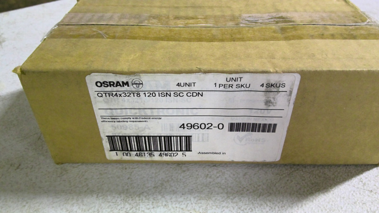SYLVANIA 49602-0 BOX OF 4 ELECTRONIC BALLASTS QTR4X32T8 120 ISN CDN 120VOLT NIB