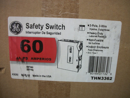 GE DISCONNECT TYPE 1 THN3362 60AMP 600VOLT 3POLE NON-FUSIBLE NIB