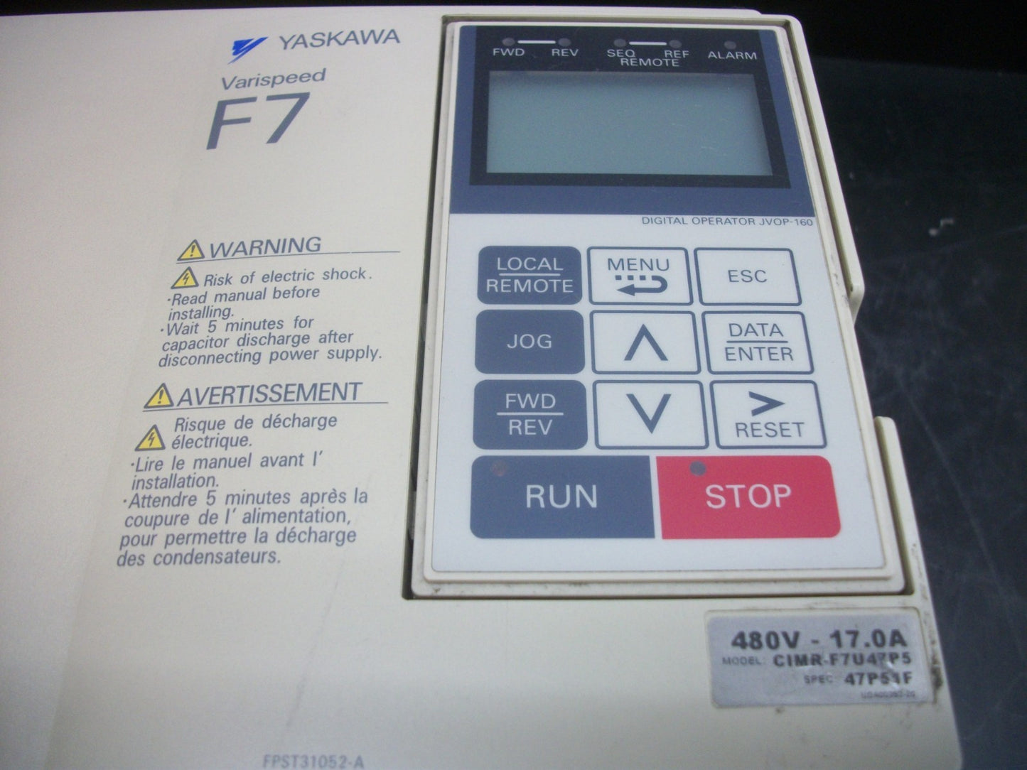 YASKAWA VARISPEED F7 VARIABLE FREQUENCY DRIVE CIMR-F7U47P5 480VOLT 3PH 17AMP