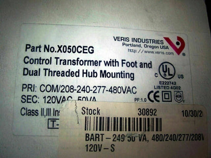 VERIS 50VA CONTROL TRANSFORMER X050CEG HV 208X480 LV 120 *NIB*