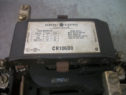 GE SIZE 2 MOTOR STARTER CR106D0 45AMP 600VCOIL 3PH 600V 25HP