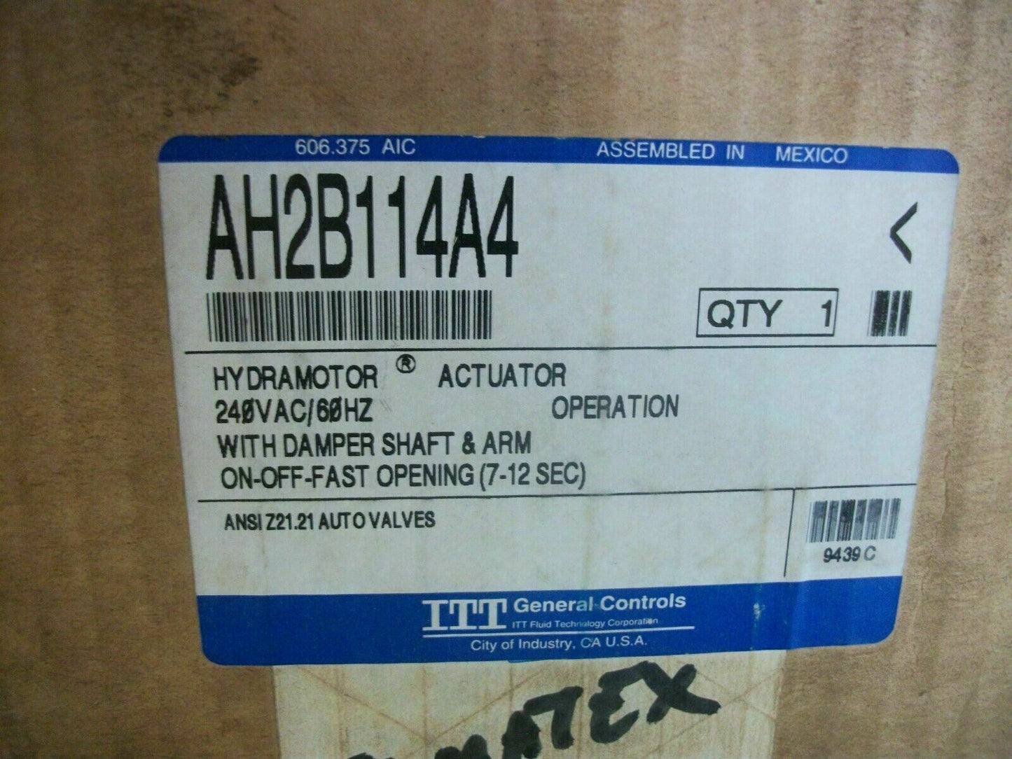 ITT HYDRAMOTOR ACTUATOR W/DAMPER SHAFT & ARM AH2B114A4 240VOLT NIB