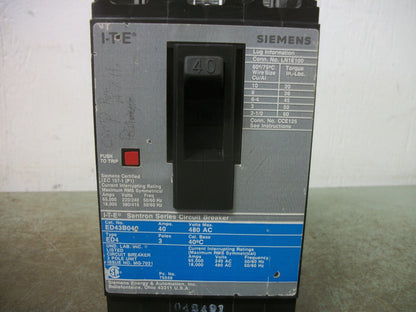 SIEMENS SENTRON ED4 CIRCUIT BREAKER ED43B040 40AMP 480VOLT 3POLE