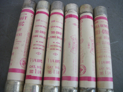 GOULD SHAWMUT LOT OF 6 TRI-ONIC FUSES TRS1-1/4 1-1/4AMP 600VOLT NOB