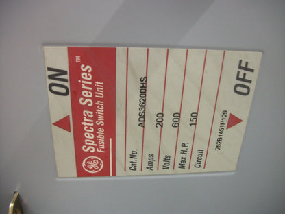 GE SPECTRA FUSIBLE PANELBOARD BRANCH SWITCH ADS36200HS 200AMP 600VOLT 3POLE NOB