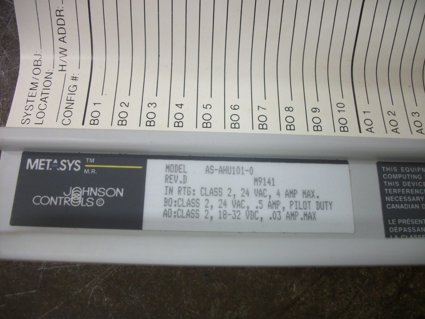 JOHNSON CONTROLS METASYS AIR HANDLING UNIT CONTROLLER AS-AHU101-0