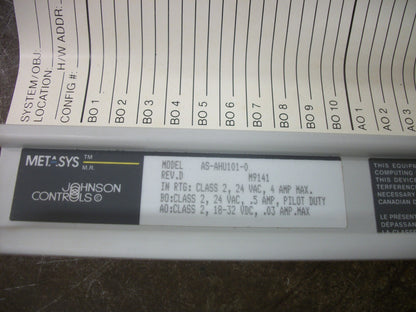 JOHNSON CONTROLS METASYS AIR HANDLING UNIT CONTROLLER AS-AHU101-0