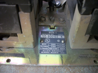 ALLEN-BRADLEY REV SIZE 1 MOTOR STARTER 705-BOD103 120VCOIL 3PH 600V 10HP *NOTE*