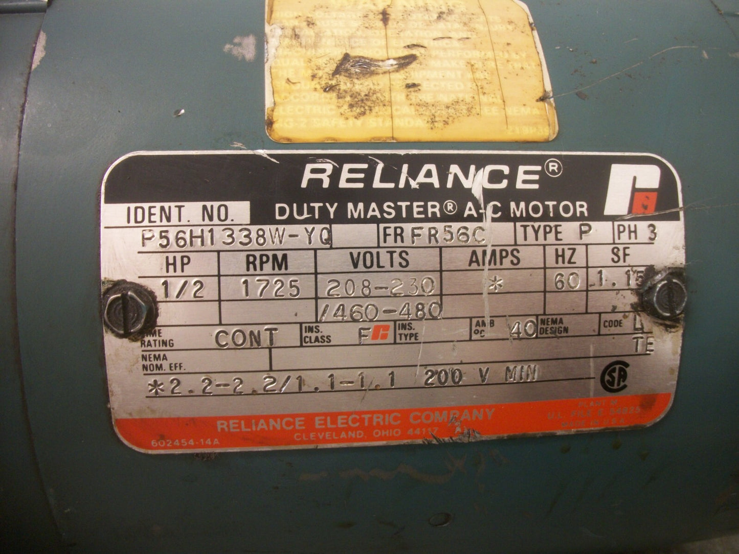 RELIANCE 1/2HP FR56C TE AC MOTOR P56H1338W-YQ 480VOLT 3PH 1725RPM
