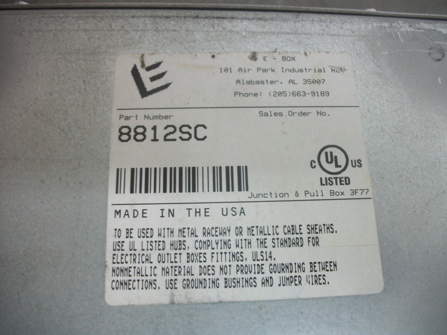 E-BOX 8X8X12 ENCLOSURE TYPE 1 8812SC NEW