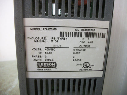 LEESON SPEEDMASTER 1HP ADJUSTABLE SPEED AC MOTOR DRIVE 174920.00 460VOLT 3PH 2A
