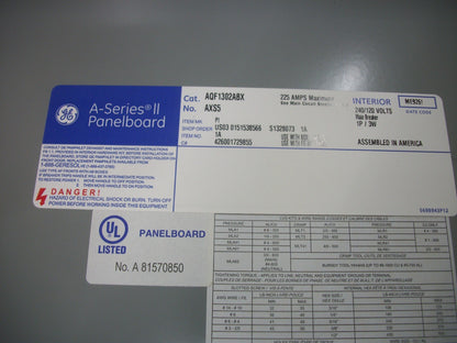 GE A-SERIES II PANELBOARD INTERIOR AQF1302ABX 225A 240/120V 1PH 3W 200A MAIN NIB