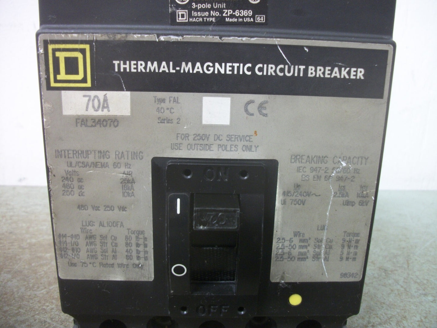 SQUARE D FAL CIRCUIT BREAKER FAL36070 70AMP 600VOLT 3POLE GRAY NOB