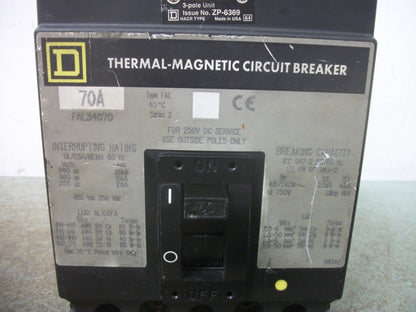 SQUARE D FAL CIRCUIT BREAKER FAL36070 70AMP 600VOLT 3POLE GRAY NOB