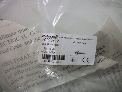 PALAZZOLI MULTIMAX PLUG & SLEEVE CONNECTOR 700237FX 30AMP 480VOLT 3POLE 4W NEW