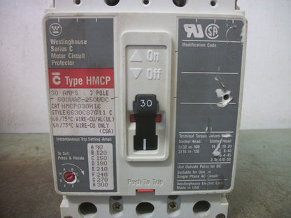WESTINGHOUSE HMCP CIRCUIT BREAKER HMCP030H1C 30AMP 600VOLT 3POLE