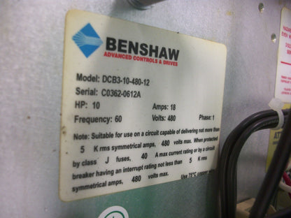 BENSHAW 10HP SOLID STATE MOTOR CONTROL DRIVE DCB3-10-480-12 18AMP 480VOLT 1PH