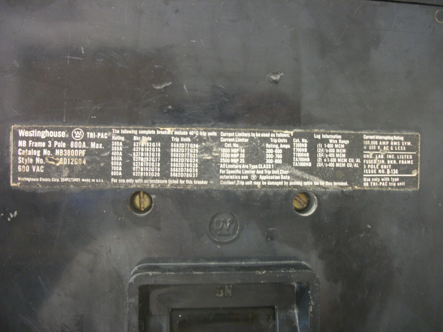 WESTINGHOUSE NB CIRCUIT BREAKER NB3800PF 800AMP 600VOLT 3POLE W/600A TRIP