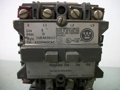 WESTINGHOUSE SIZE 0 MOTOR STARTER A200M0CAC 18AMP 120VCOIL 3PH 600V 5HP GRAY