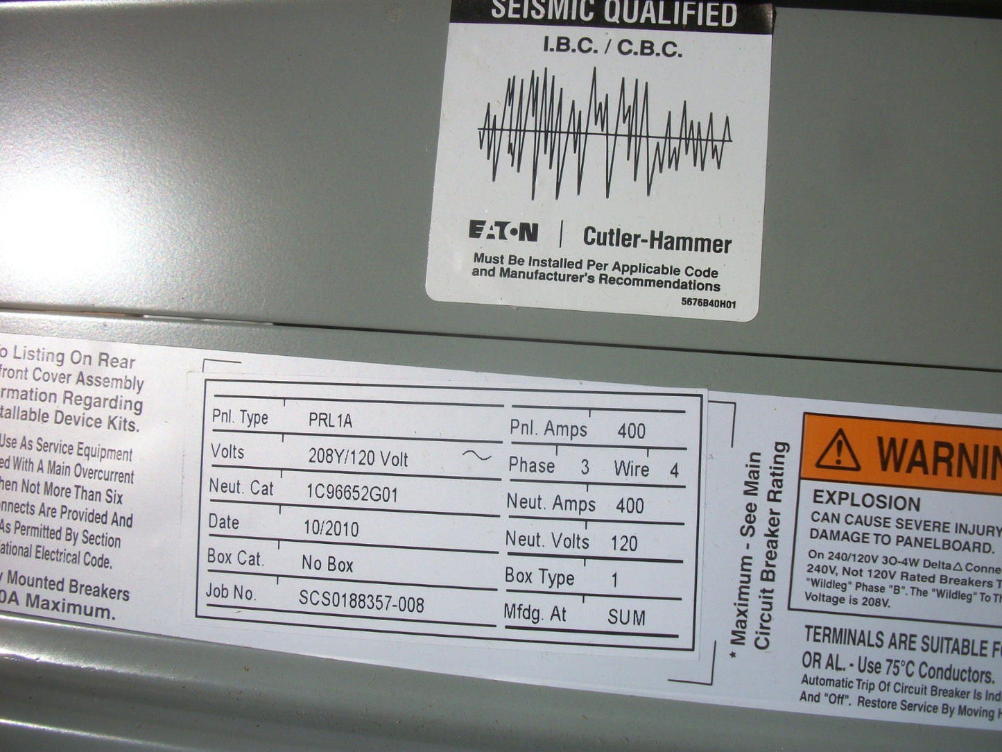 CUTLER-HAMMER PRL1A PANELBOARD INTERIOR 1C96652G01 400A 208Y/120V 3PH 400A MAIN