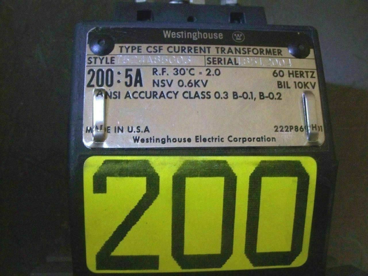 WESTINGHOUSE 200:5 RATIO 0.6KV CURRENT TRANSFORMER 7524A85G03 *NIB*