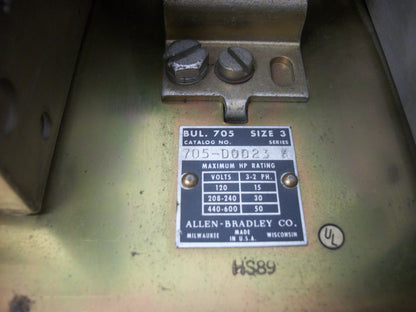 ALLEN-BRADLEY SIZE 3 REV CONTACTOR 705-DOD23 120VCOIL 3PH 600V 50HP