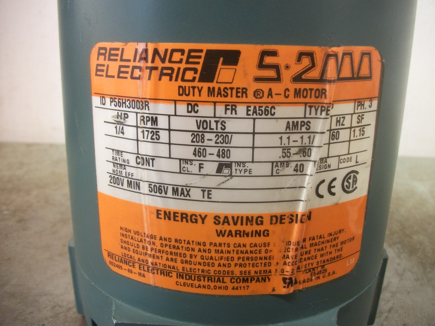 RELIANCE S-2000 1/4HP EA56C TE AC MOTOR P56H3003R 480VOLT 3PH 1725RPM NOB