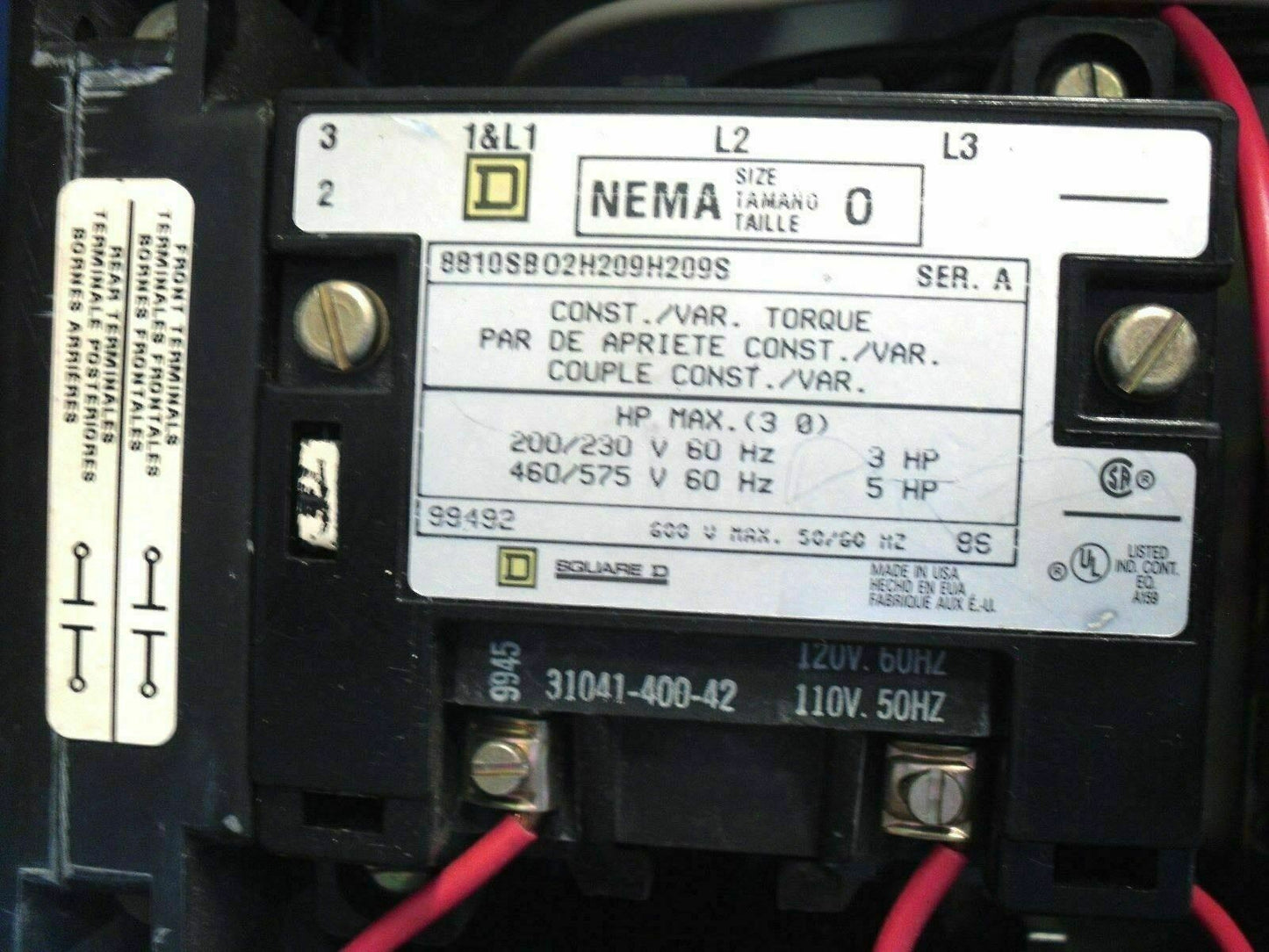 SQUARE D ENCL SIZE 0 REV STARTER 8810SBO2H209H209S 3PH 5HP 120VCOIL W/ML