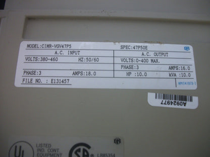 YASKAWA 10HP VARIABLE FREQUENCY DRIVE CIMR-VGV47P5 460VOLT 3PH 10KVA