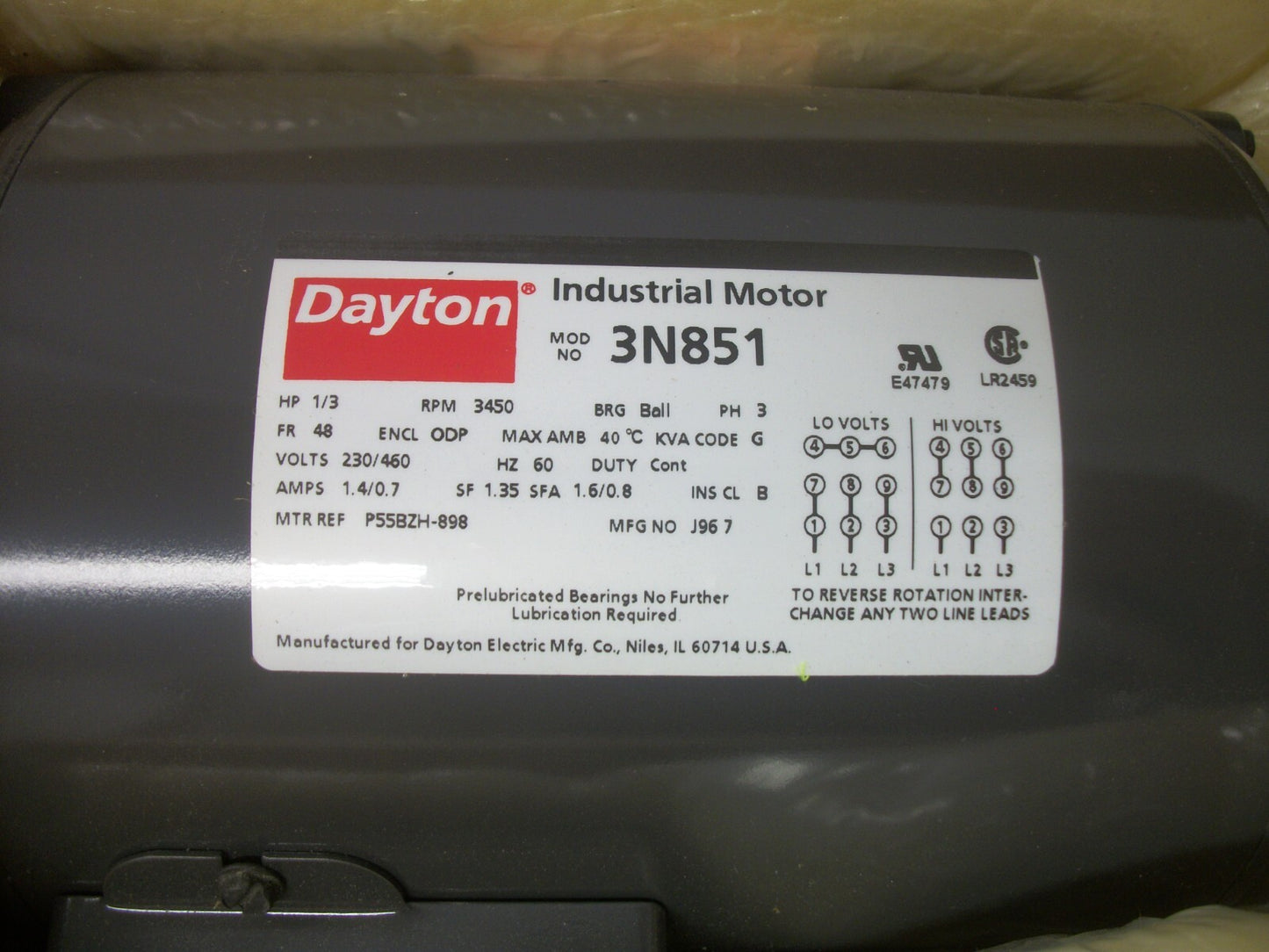 DAYTON 1/3HP 48 ODP AC MOTOR 3N851 460VOLT 3PH 3450RPM NIB