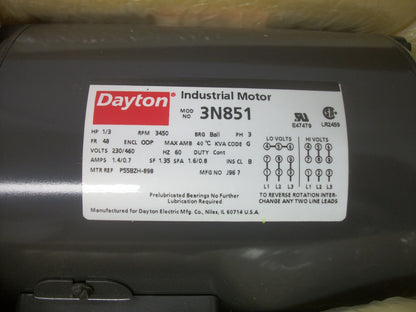 DAYTON 1/3HP 48 ODP AC MOTOR 3N851 460VOLT 3PH 3450RPM NIB