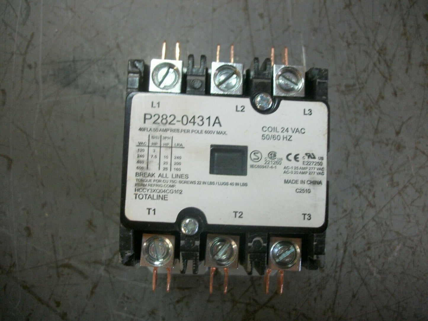 TOTALINE DEFINITE PURPOSE CONTACTOR P282-0431A 24VCOIL 3PH 600V 25HP NOB